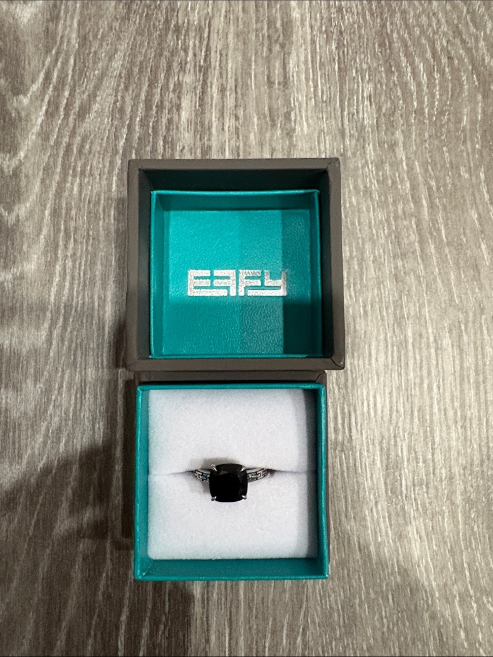Effy Black Cushion-Cut Ring in Teal Box